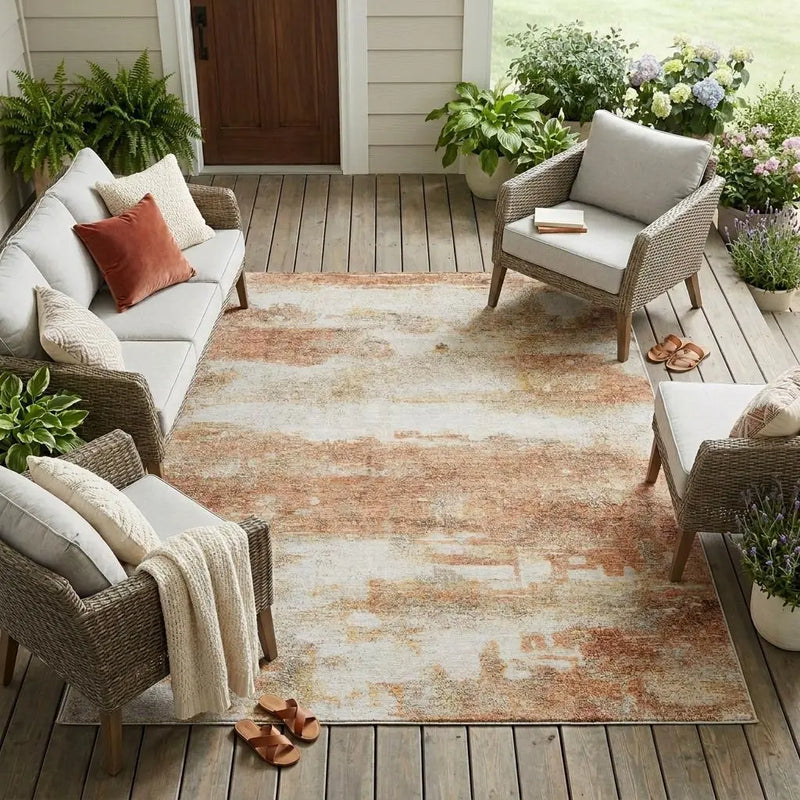10' X 14' Orange And Ivory Abstract Washable Indoor Outdoor Area Rug Homeroots Outdoor