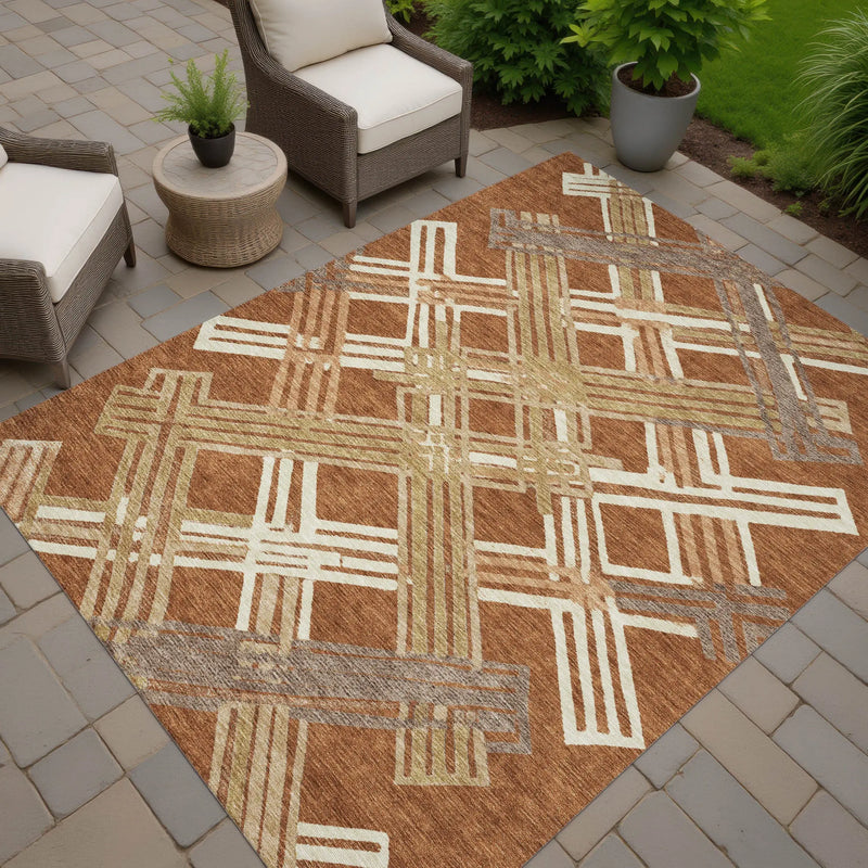 10' X 14' Orange And Ivory Geometric Washable Indoor Outdoor Area Rug Homeroots Outdoor