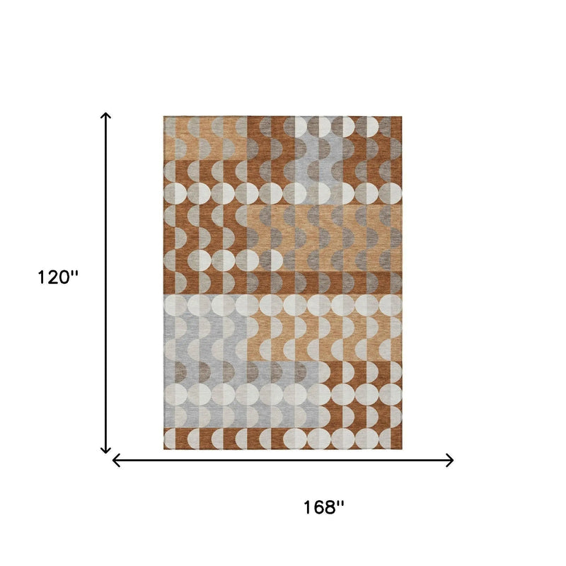 10' X 14' Orange And Ivory Geometric Washable Indoor Outdoor Area Rug Homeroots Outdoor