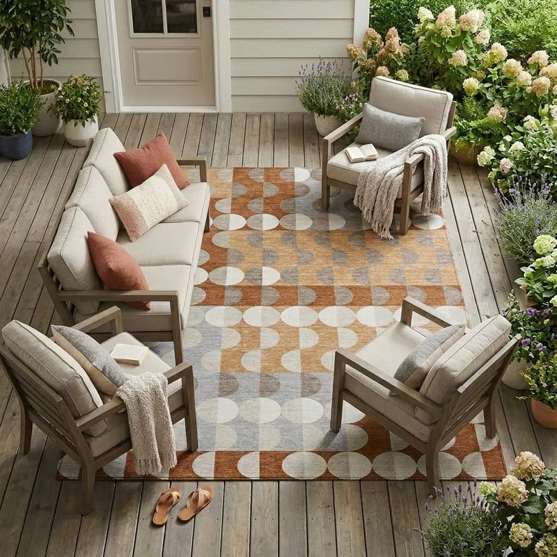 10' X 14' Orange And Ivory Geometric Washable Indoor Outdoor Area Rug Homeroots Outdoor