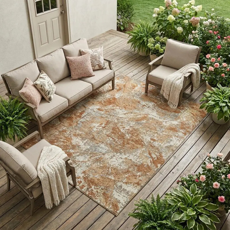 10' X 14' Orange And Khaki Abstract Washable Indoor Outdoor Area Rug Homeroots Outdoor