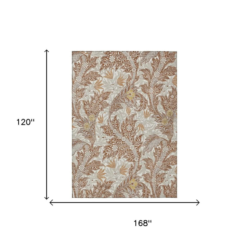 10' X 14' Orange And Khaki Botanical Leaves Washable Indoor Outdoor Area Rug Homeroots Outdoor
