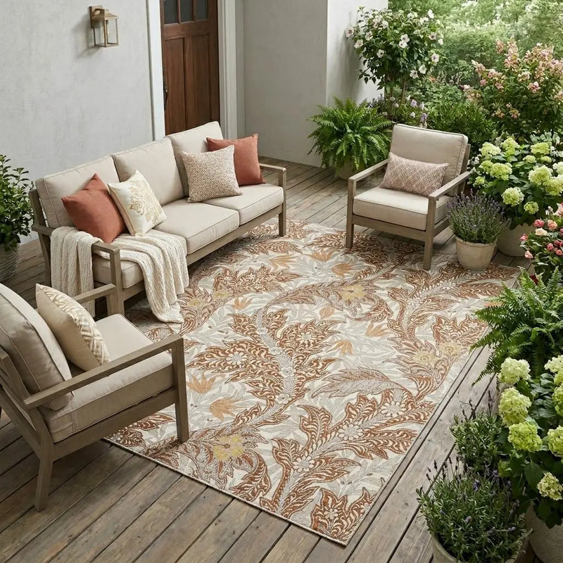 10' X 14' Orange And Khaki Botanical Leaves Washable Indoor Outdoor Area Rug Homeroots Outdoor