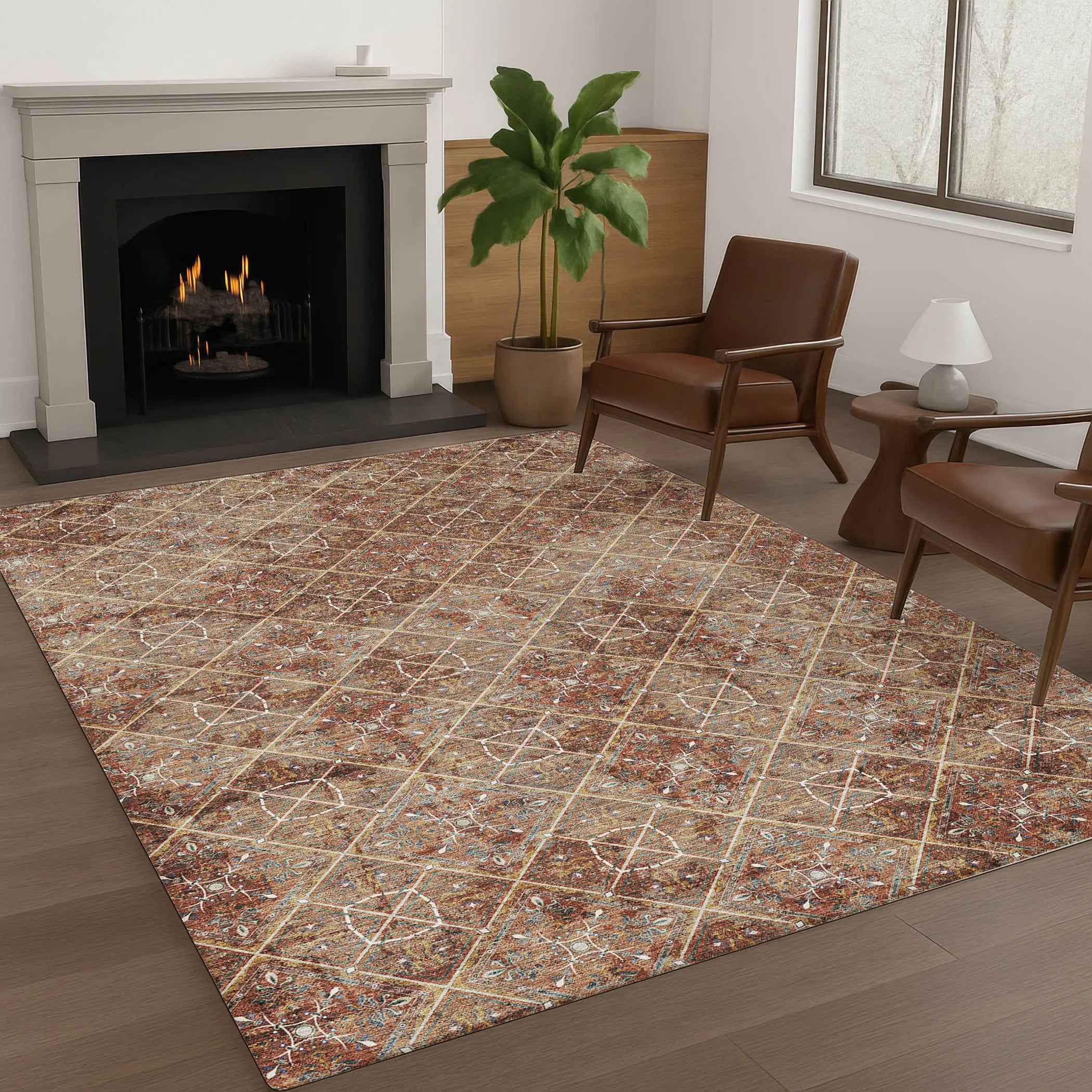 10' X 14' Orange And Khaki Geometric Washable Indoor Outdoor Area Rug Homeroots Outdoor