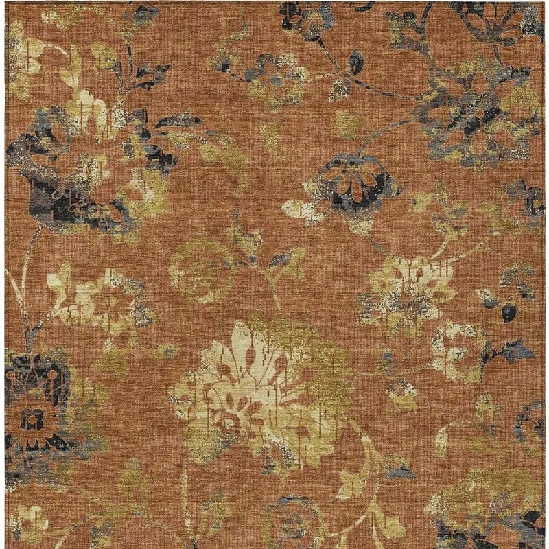 10' X 14' Orange And Rust Floral Washable Indoor Outdoor Area Rug Homeroots Outdoor