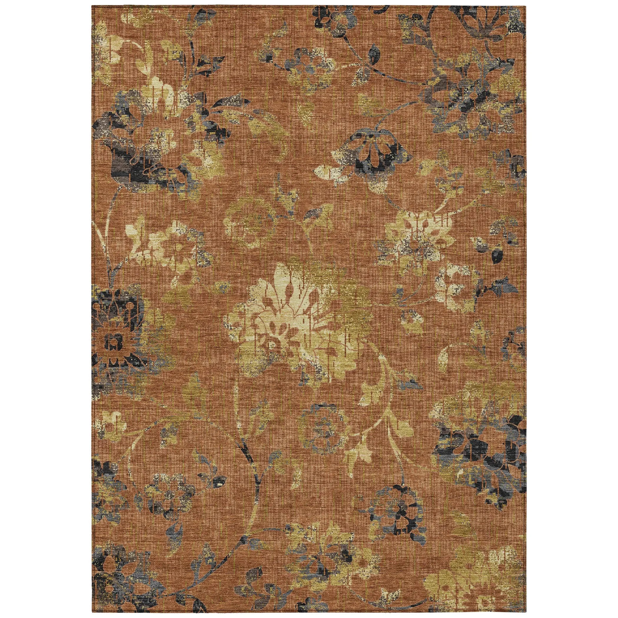 10' X 14' Orange And Rust Floral Washable Indoor Outdoor Area Rug Homeroots Outdoor
