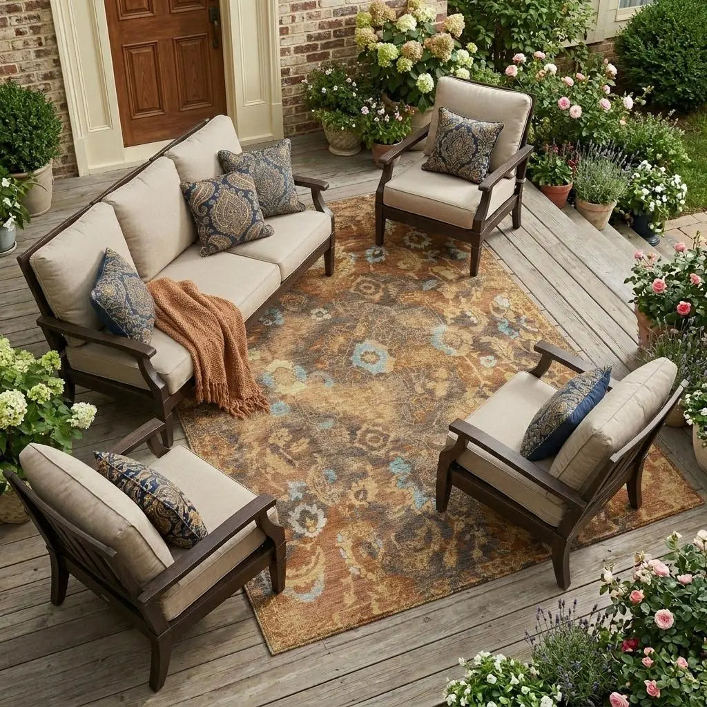 10' X 14' Orange And Rust Floral Washable Indoor Outdoor Area Rug Homeroots Outdoor
