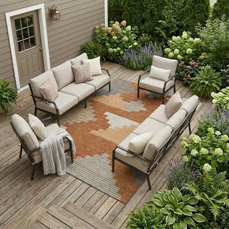 10' X 14' Orange And Silver Geometric Washable Indoor Outdoor Area Rug Homeroots Outdoor
