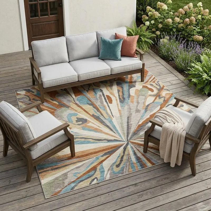 10' X 14' Orange And Teal Blue Abstract Washable Indoor Outdoor Area Rug Homeroots Outdoor