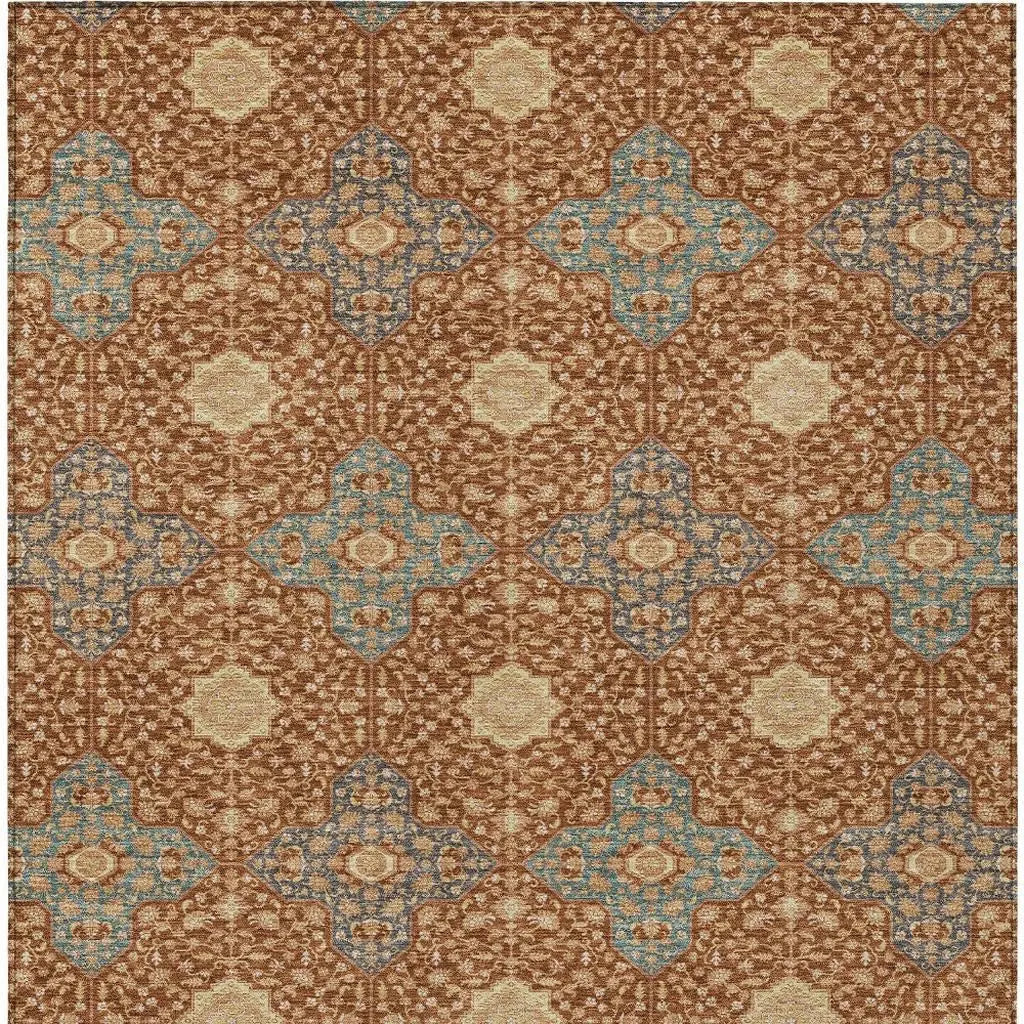 10' X 14' Orange And Teal Blue Damask Washable Indoor Outdoor Area Rug Homeroots Outdoor