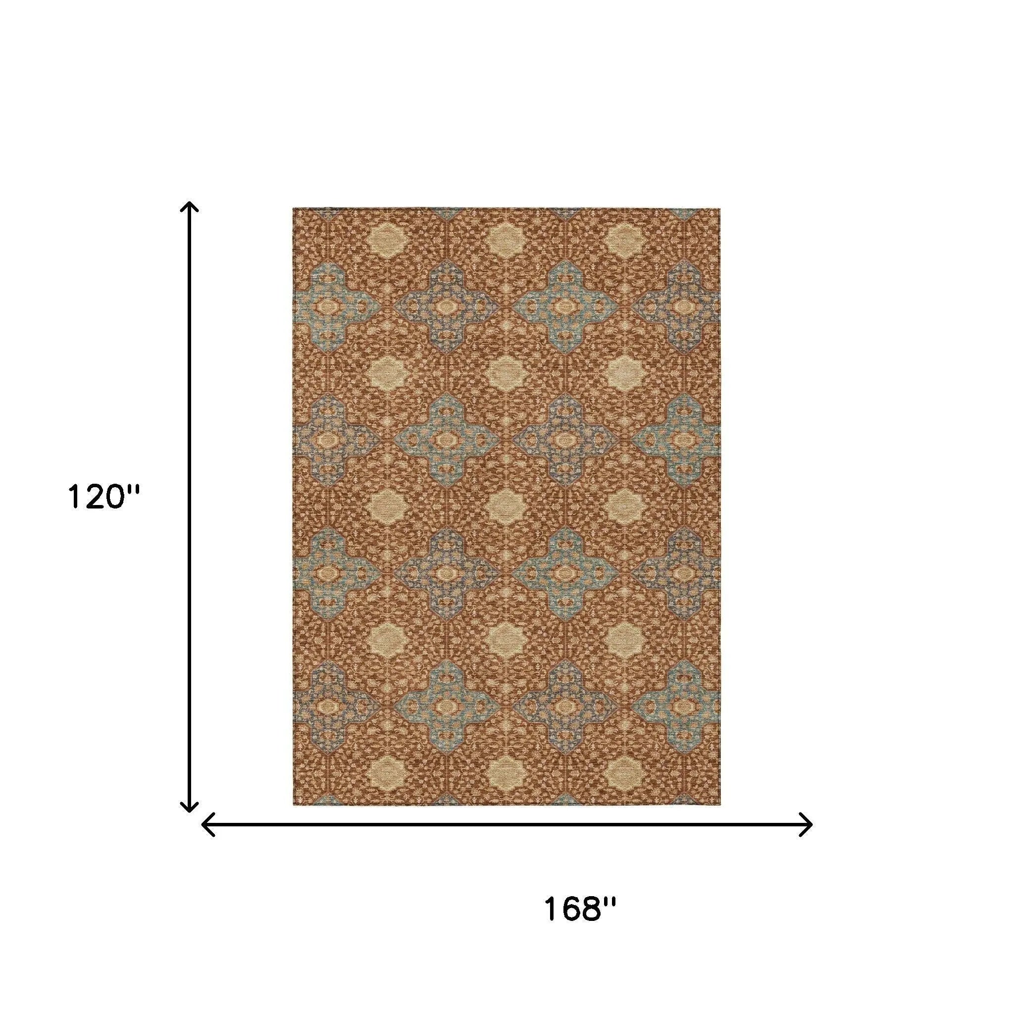 10' X 14' Orange And Teal Blue Damask Washable Indoor Outdoor Area Rug Homeroots Outdoor
