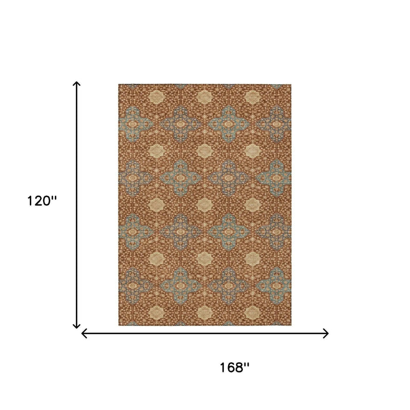 10' X 14' Orange And Teal Blue Damask Washable Indoor Outdoor Area Rug Homeroots Outdoor