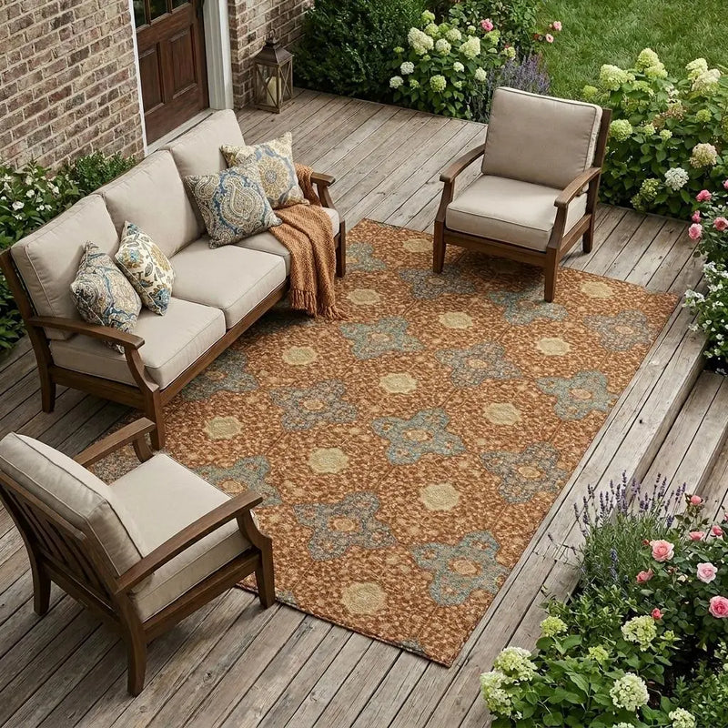 10' X 14' Orange And Teal Blue Damask Washable Indoor Outdoor Area Rug Homeroots Outdoor