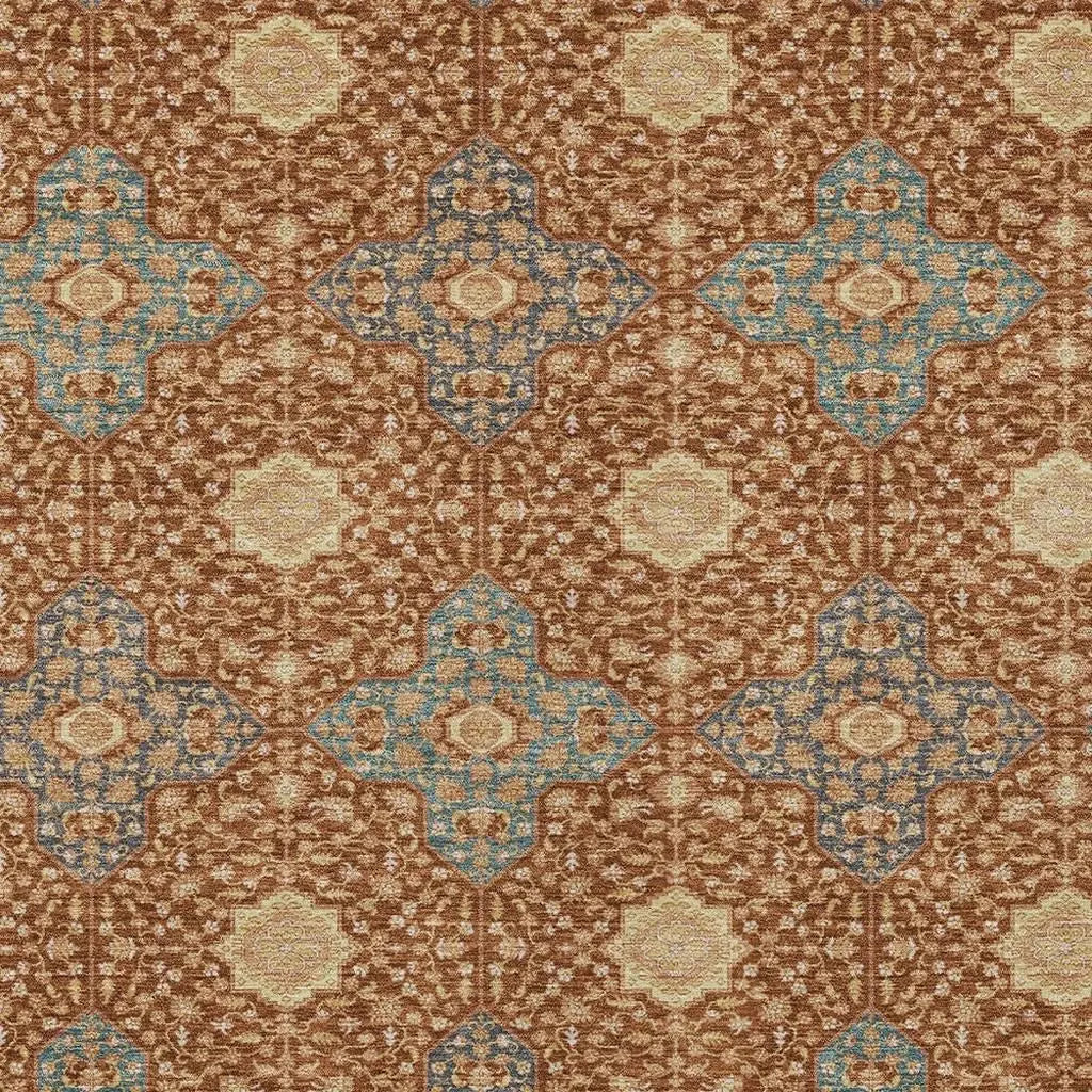 10' X 14' Orange And Teal Blue Damask Washable Indoor Outdoor Area Rug Homeroots Outdoor