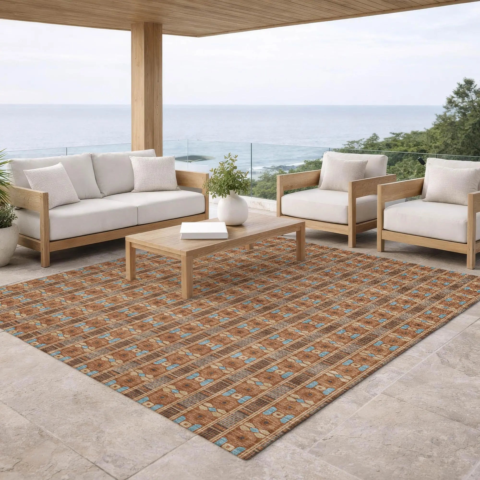 10' X 14' Orange And Teal Blue Striped Washable Indoor Outdoor Area Rug Homeroots Outdoor