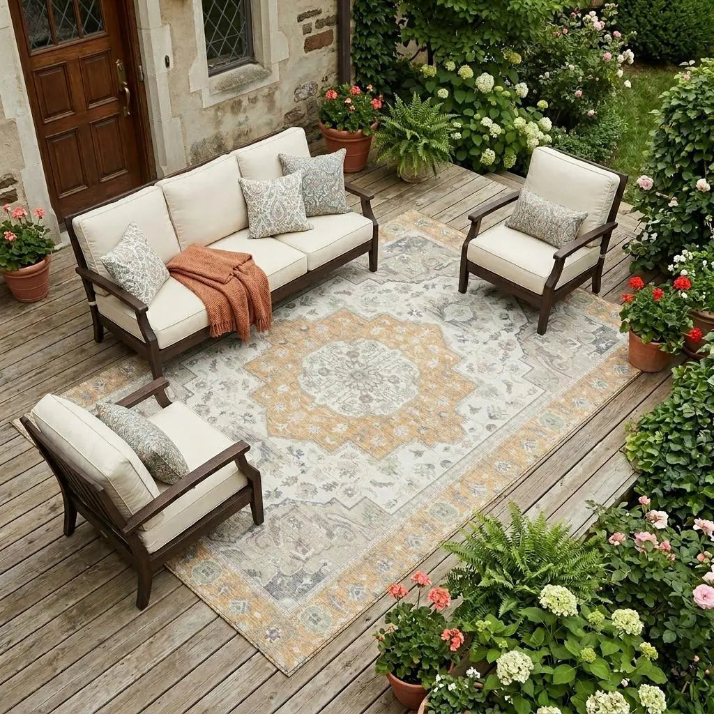 10' X 14' Peach And Gold Oriental Washable Indoor Outdoor Area Rug Homeroots Outdoor