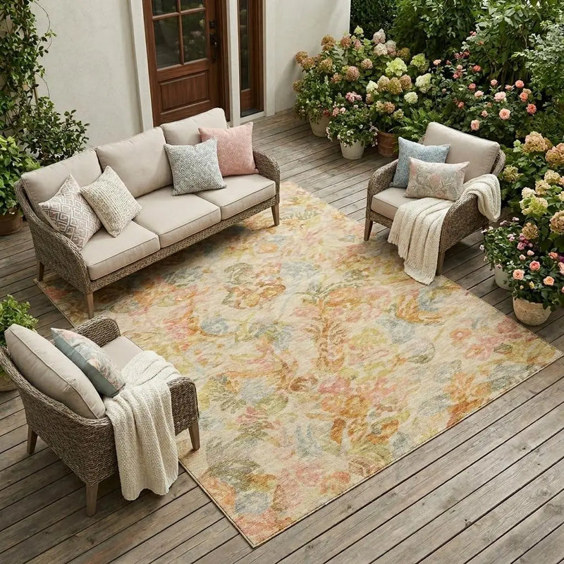 10' X 14' Peach And Orange Floral Washable Indoor Outdoor Area Rug Homeroots Outdoor