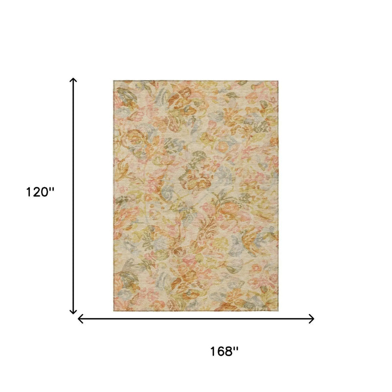 10' X 14' Peach And Orange Floral Washable Indoor Outdoor Area Rug Homeroots Outdoor