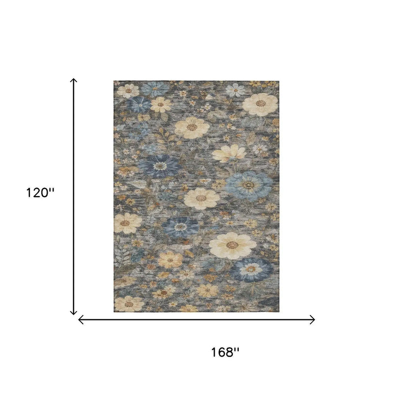 10' X 14' Pewter And Gray Floral Washable Indoor Outdoor Area Rug Homeroots Outdoor