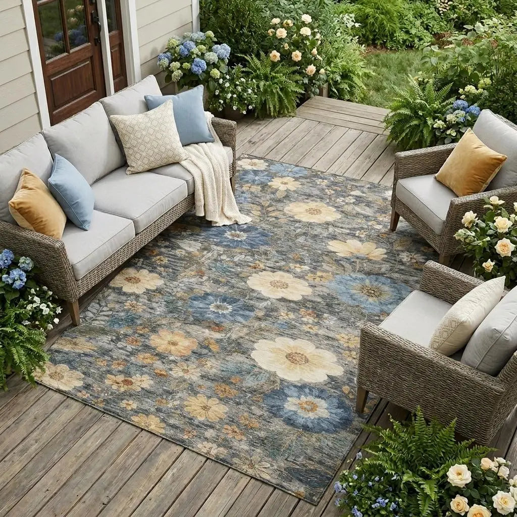 10' X 14' Pewter And Gray Floral Washable Indoor Outdoor Area Rug Homeroots Outdoor