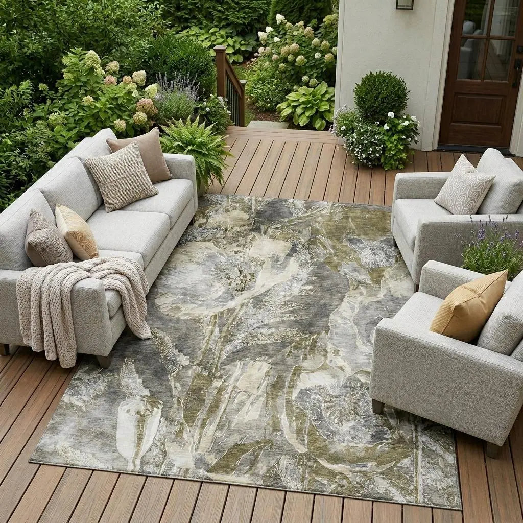 10' X 14' Pewter And Gray Floral Washable Indoor Outdoor Area Rug Homeroots Outdoor