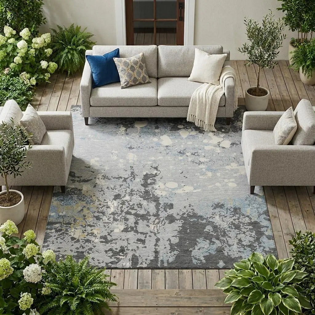 10' X 14' Pewter And Ivory Abstract Washable Indoor Outdoor Area Rug Homeroots Outdoor