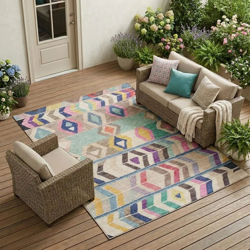 10' X 14' Pink And Blue Tribal Washable Indoor Outdoor Area Rug Homeroots Outdoor