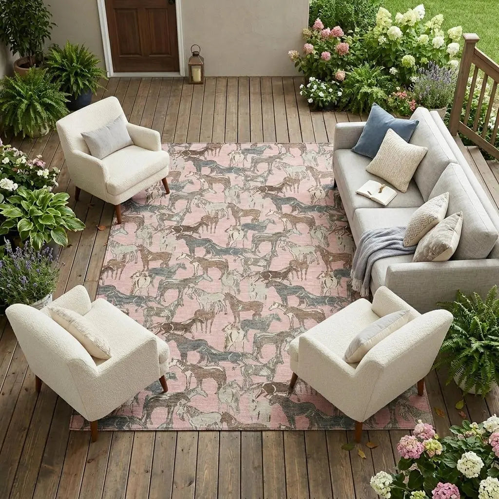 10' X 14' Pink And Gray Horse Washable Indoor Outdoor Area Rug Homeroots Outdoor