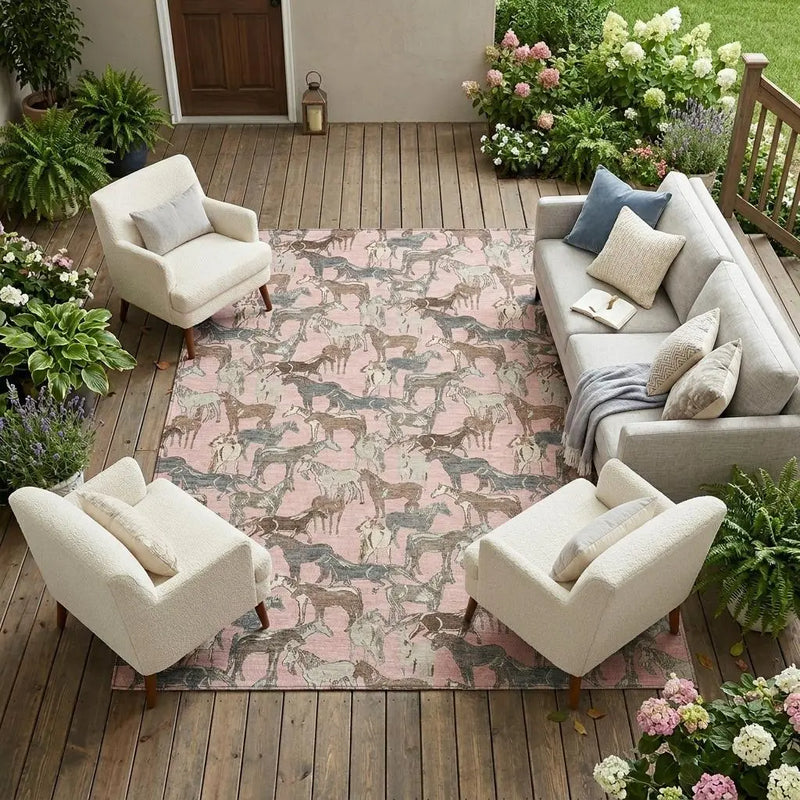10' X 14' Pink And Gray Horse Washable Indoor Outdoor Area Rug Homeroots Outdoor