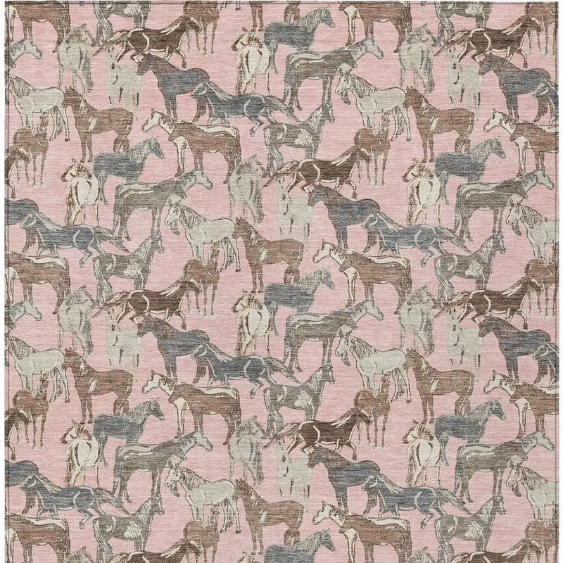 10' X 14' Pink And Gray Horse Washable Indoor Outdoor Area Rug Homeroots Outdoor