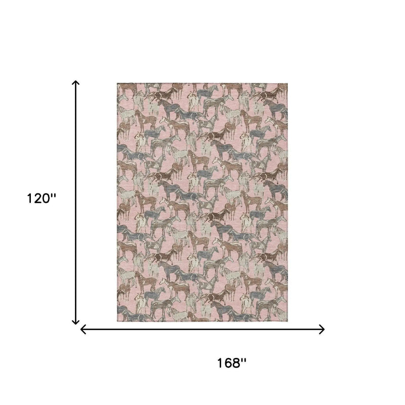 10' X 14' Pink And Gray Horse Washable Indoor Outdoor Area Rug Homeroots Outdoor
