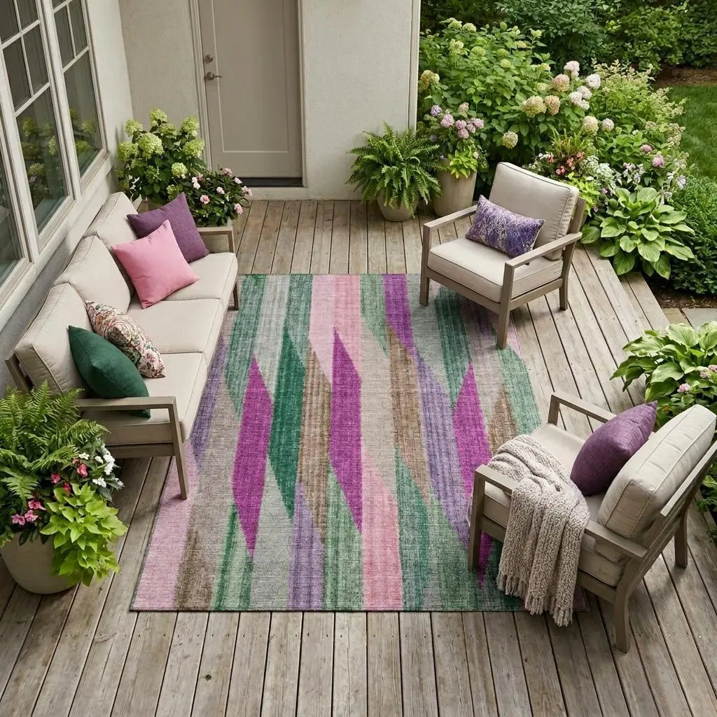 10' X 14' Pink And Green Striped Washable Indoor Outdoor Area Rug Homeroots Outdoor