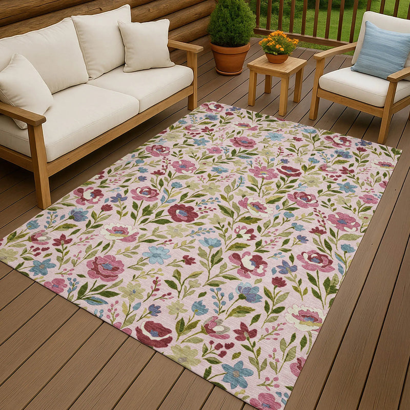 10' X 14' Pink And Linen Floral Washable Indoor Outdoor Area Rug Homeroots Outdoor