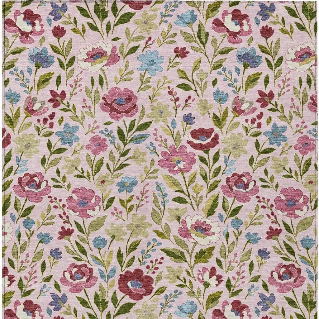 10' X 14' Pink And Linen Floral Washable Indoor Outdoor Area Rug Homeroots Outdoor