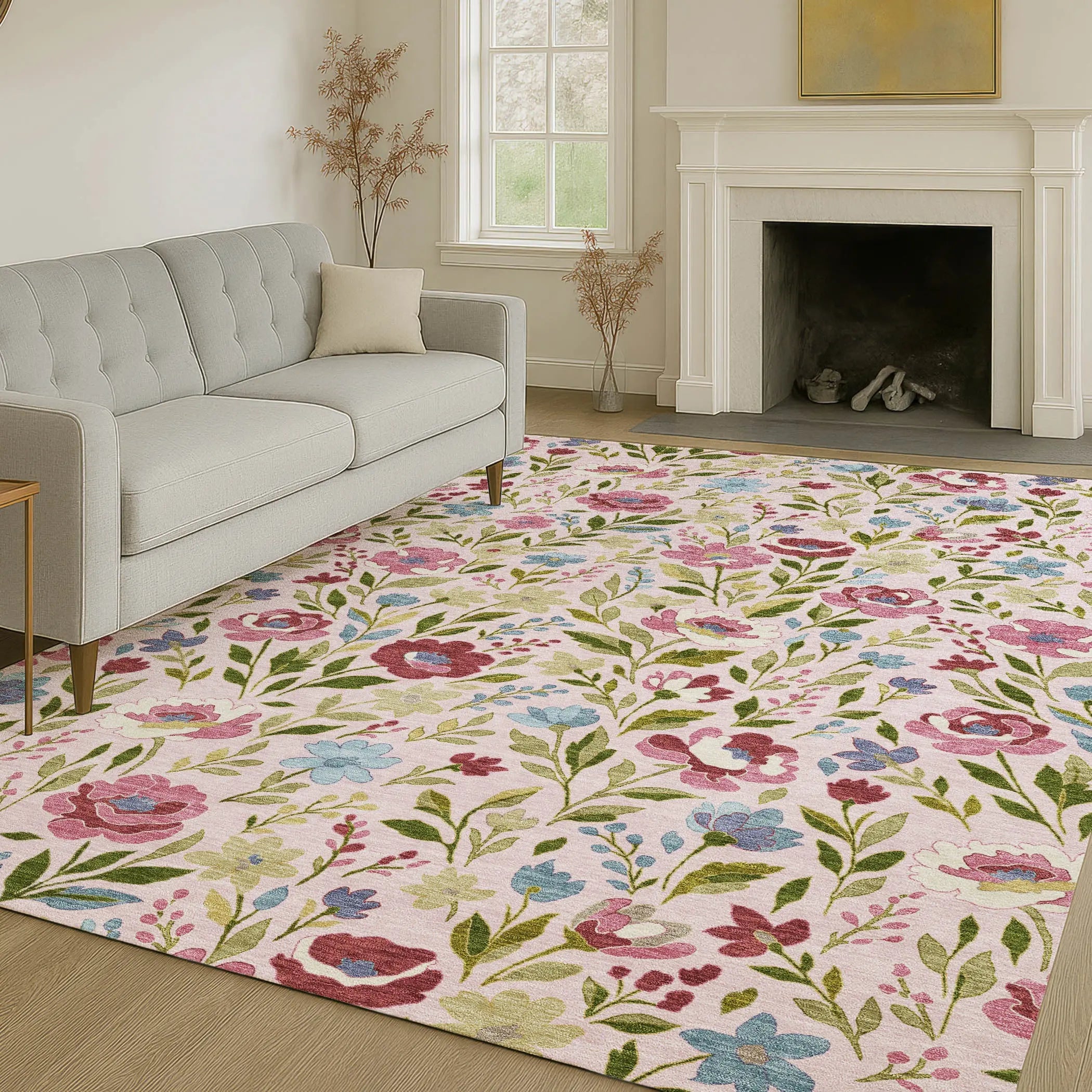10' X 14' Pink And Linen Floral Washable Indoor Outdoor Area Rug Homeroots Outdoor