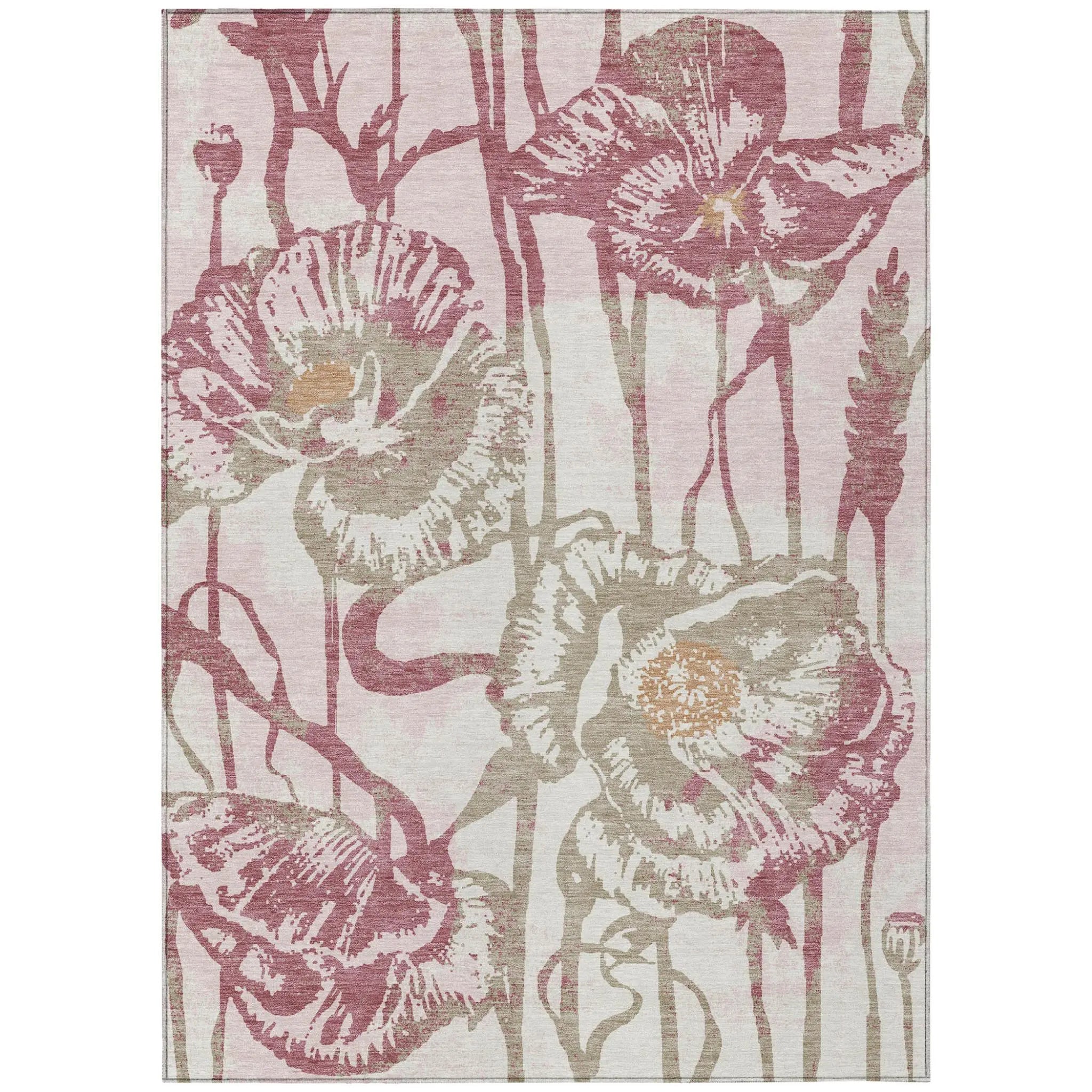 10' X 14' Pink And Linen Floral Washable Indoor Outdoor Area Rug Homeroots Outdoor