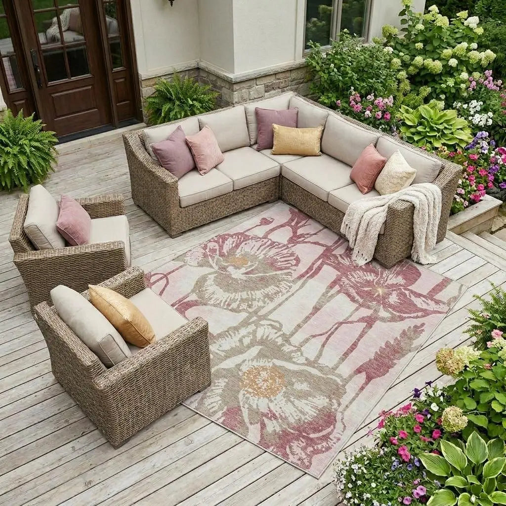 10' X 14' Pink And Linen Floral Washable Indoor Outdoor Area Rug Homeroots Outdoor