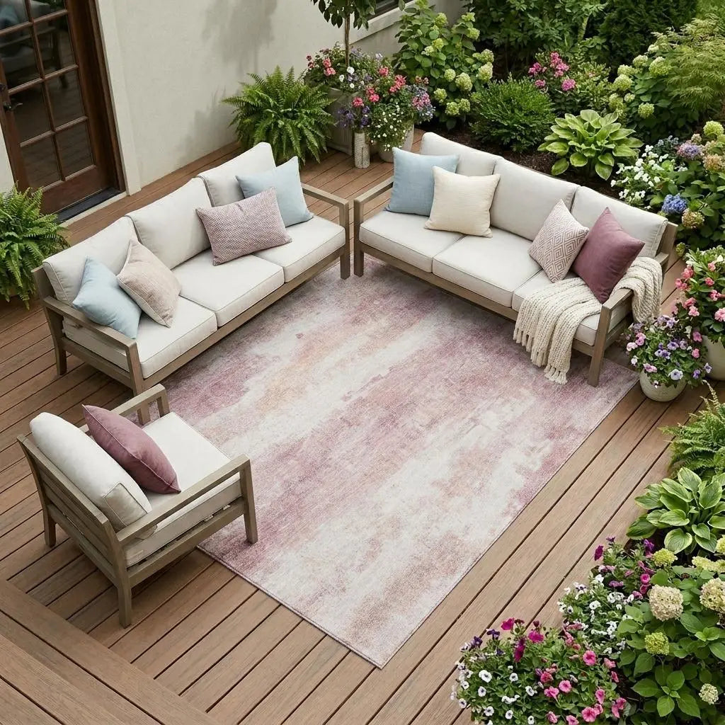 10' X 14' Pink And Tan Abstract Washable Indoor Outdoor Area Rug Homeroots Outdoor