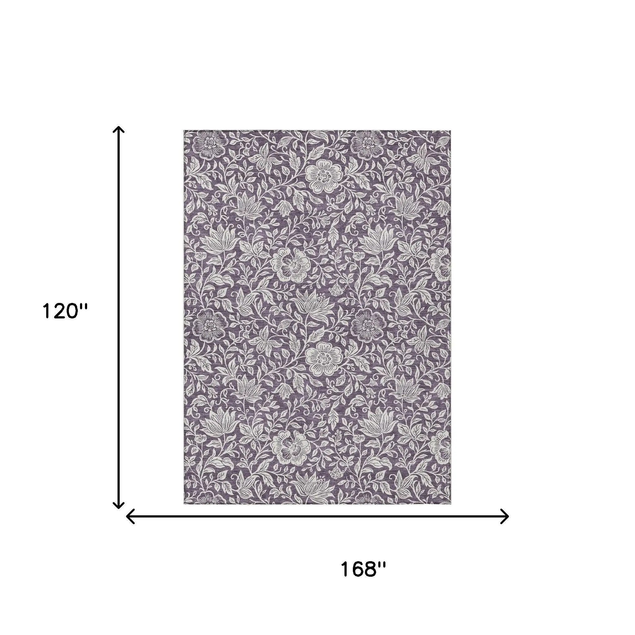 Purple floral patterned area rug, 168" x 120", made of durable synthetic material for modern decor.