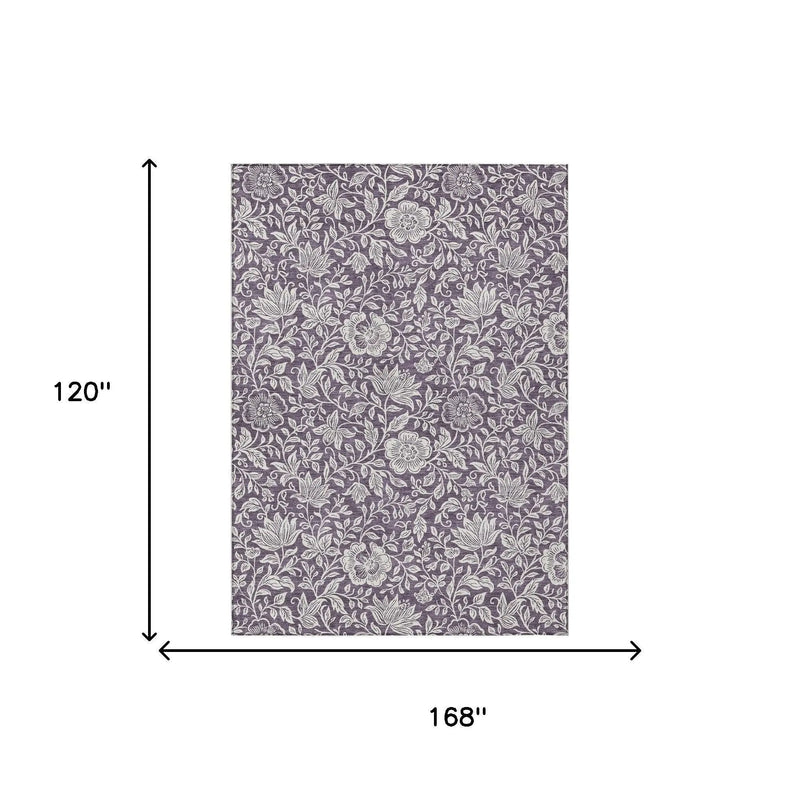 Purple floral patterned area rug, 168" x 120", made of durable synthetic material for modern decor.