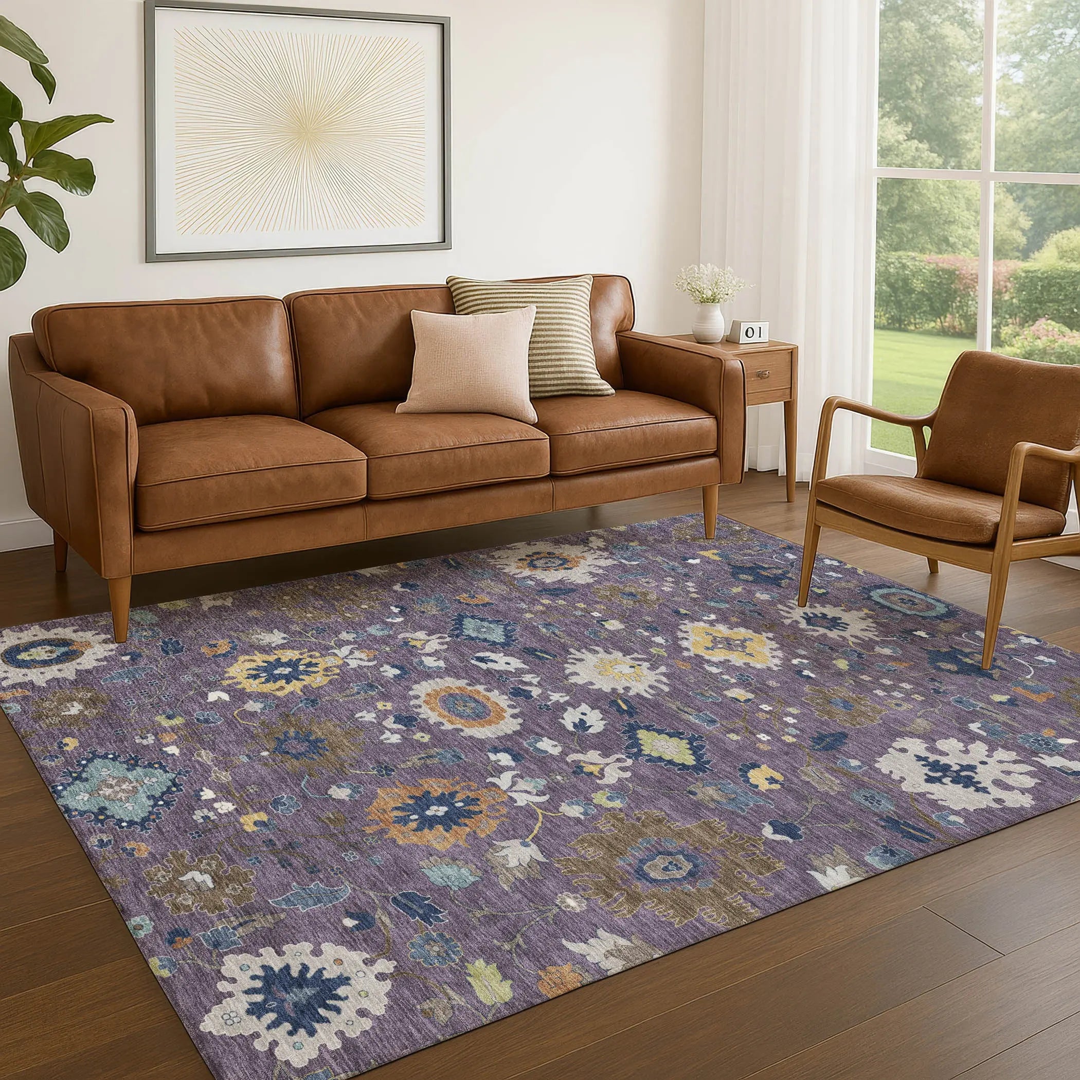 10' X 14' Plum And Navy Blue Floral Medallion Washable Indoor Outdoor Area Rug Homeroots Outdoor