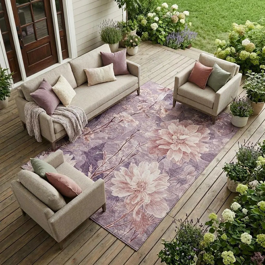 10' X 14' Plum And Purple Floral Washable Indoor Outdoor Area Rug Homeroots Outdoor
