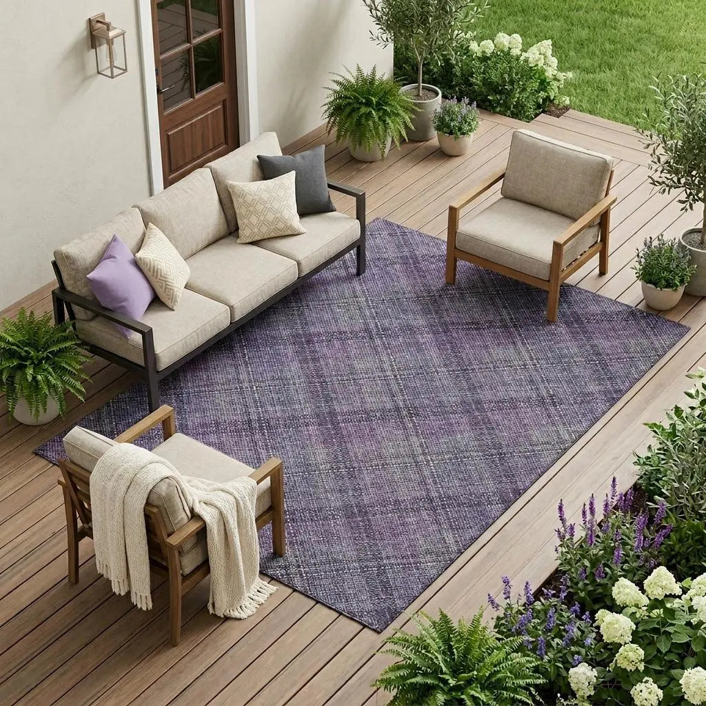 10' X 14' Plum And Purple Plaid Washable Indoor Outdoor Area Rug Homeroots Outdoor