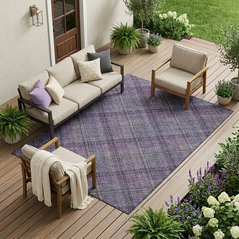 10' X 14' Plum And Purple Plaid Washable Indoor Outdoor Area Rug Homeroots Outdoor