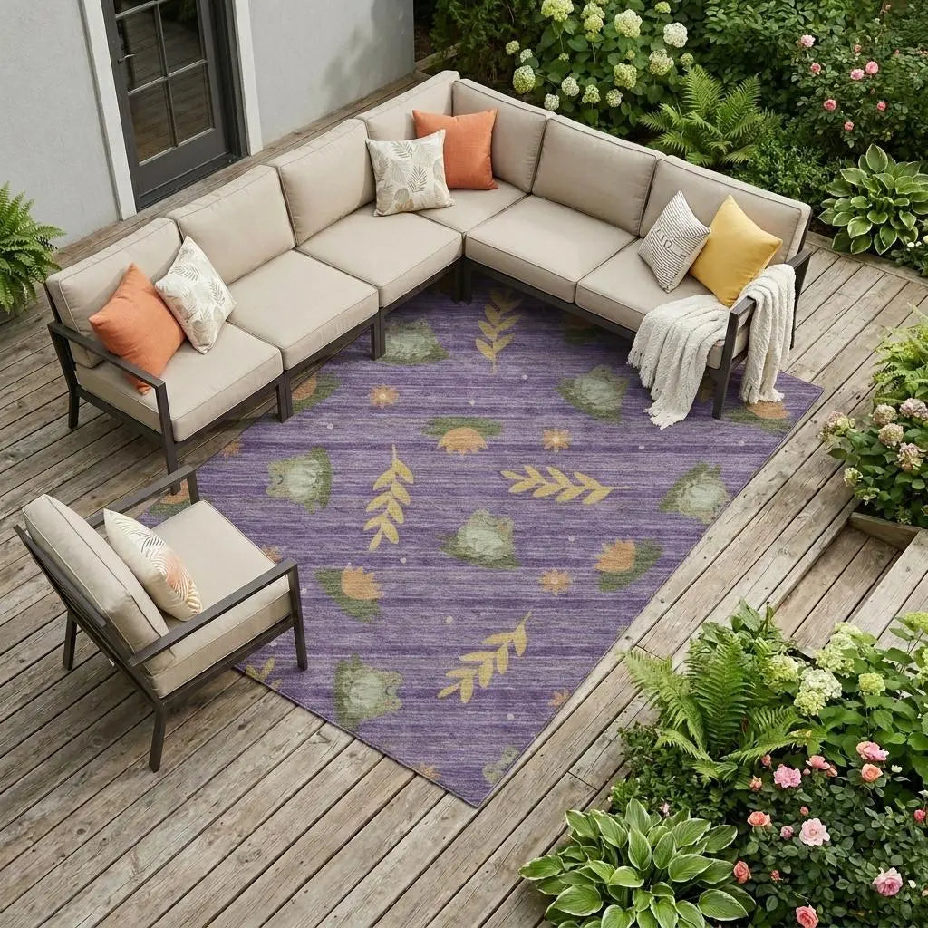 10' X 14' Purple And Lilac Botanical Leaves Washable Indoor Outdoor Area Rug Homeroots Outdoor