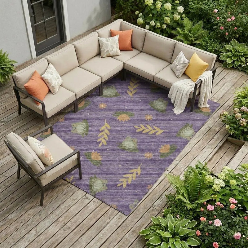 10' X 14' Purple And Lilac Botanical Leaves Washable Indoor Outdoor Area Rug Homeroots Outdoor