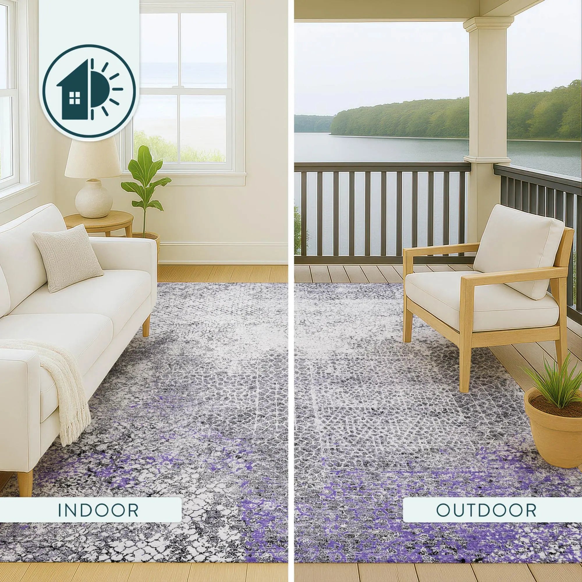 Stylish gray and purple indoor-outdoor area rug, ideal for modern spaces, made of durable, weather-resistant materials.