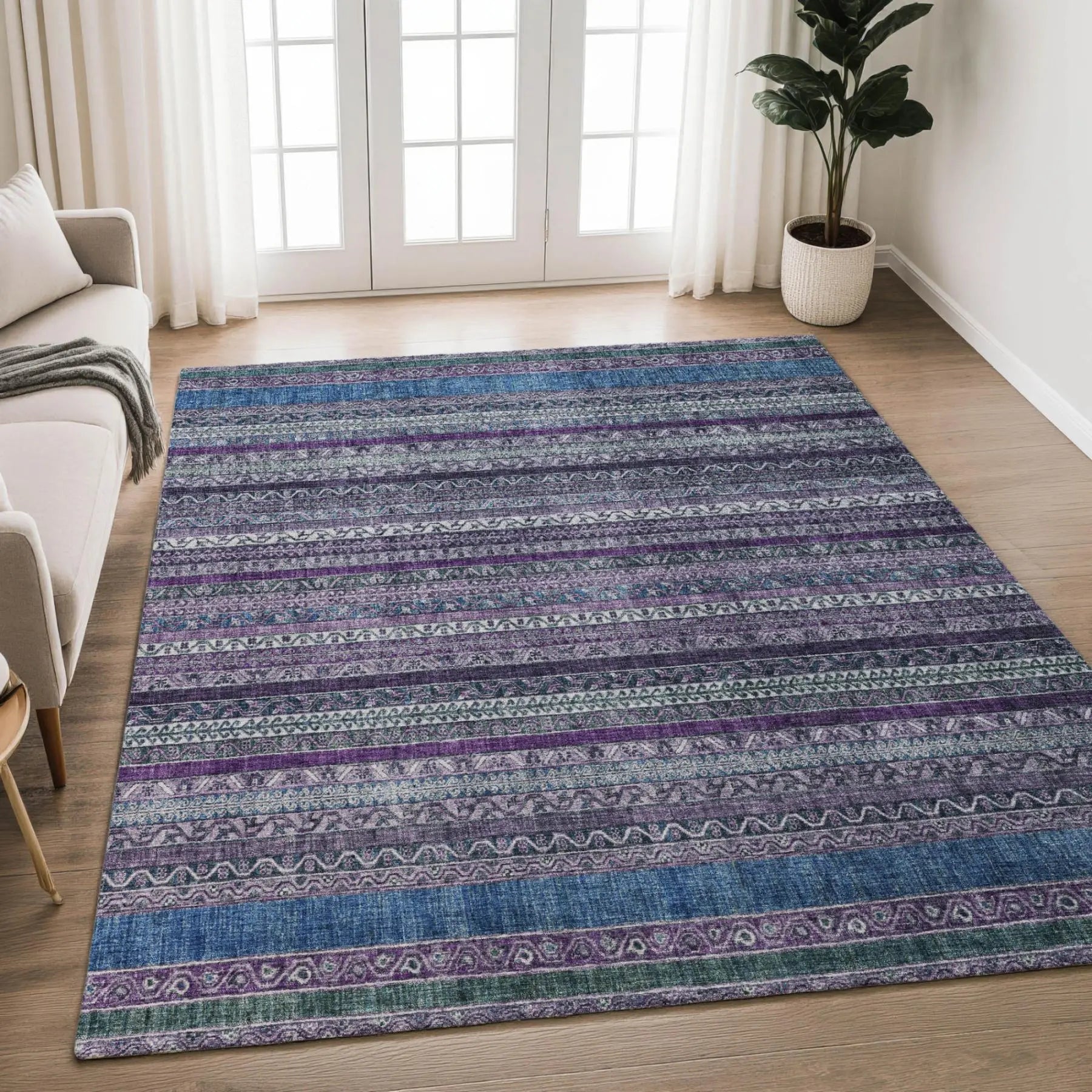 10' X 14' Purple And Plum Striped Washable Indoor Outdoor Area Rug Homeroots Outdoor