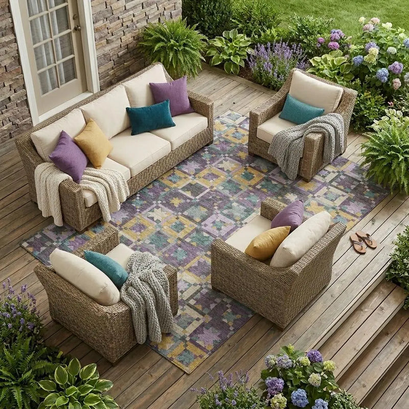 10' X 14' Purple And Teal Blue Patchwork Washable Indoor Outdoor Area Rug Homeroots Outdoor