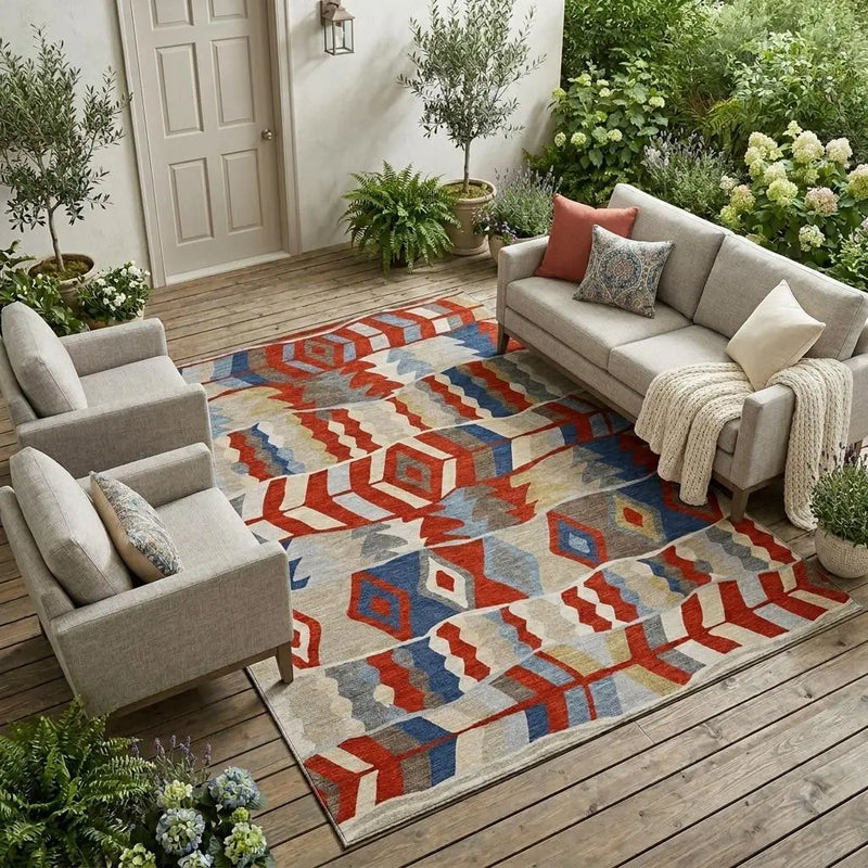 10' X 14' Red And Beige Geometric Washable Indoor Outdoor Area Rug Homeroots Outdoor